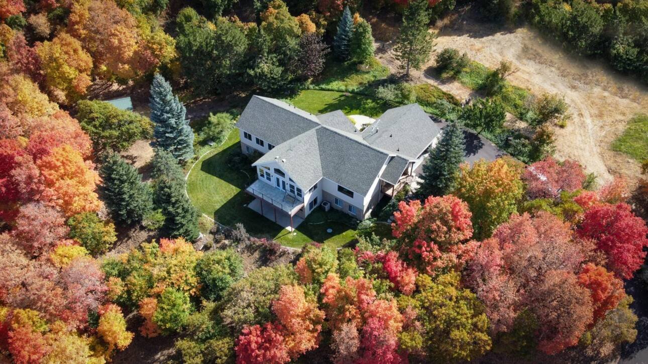 an aerial shot of a house surrounded by trees